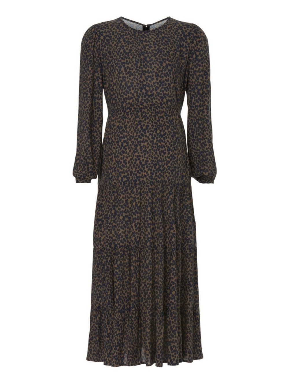 Ripe Animal Print Midi Dress Tiered Boho Long Sleeve Navy Brown Size L